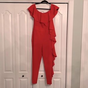 Zara Red Ruffle off the shoulder jumpsuit.